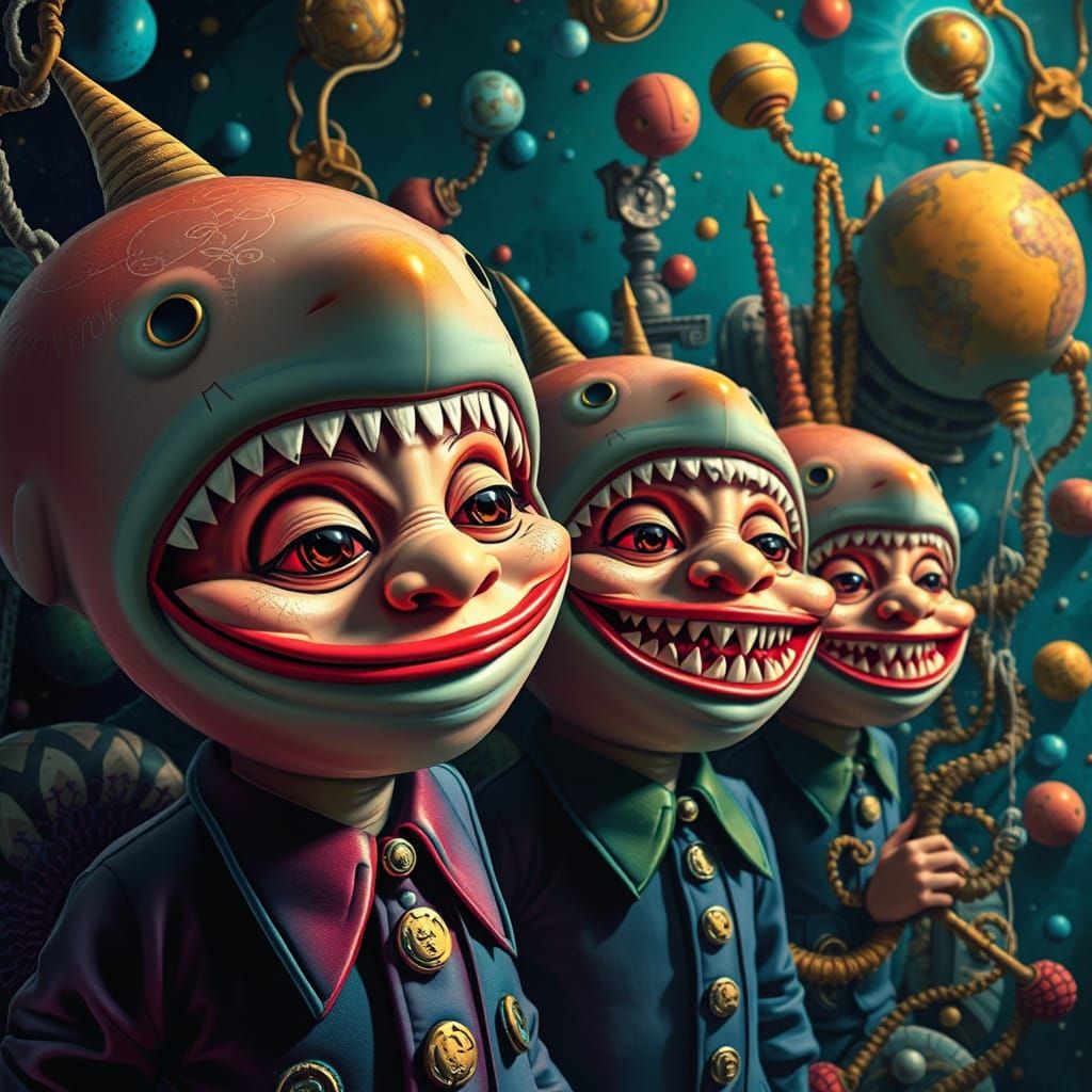 Vibrant Pop Art Figures With Exaggerated Shark Smiles