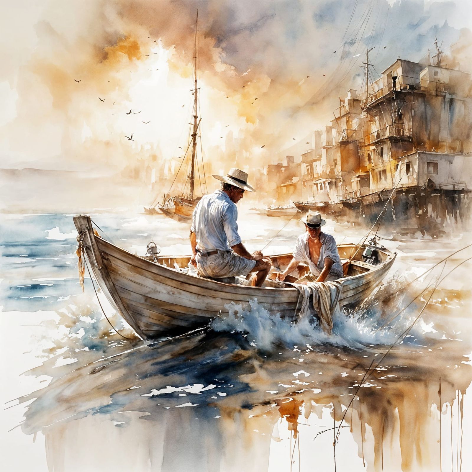 Lone Fisherman on Sun-Drenched Boat in Watercolour Style