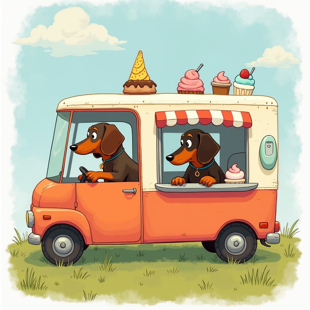 Adorable Dachshund Duo Behind the Ice Cream Truck