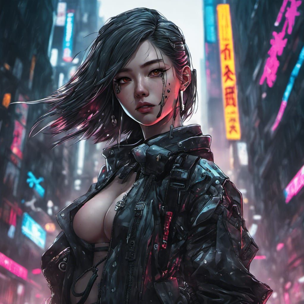 Hyperrealistic Cyberpunk Girl in Neon Anime Style