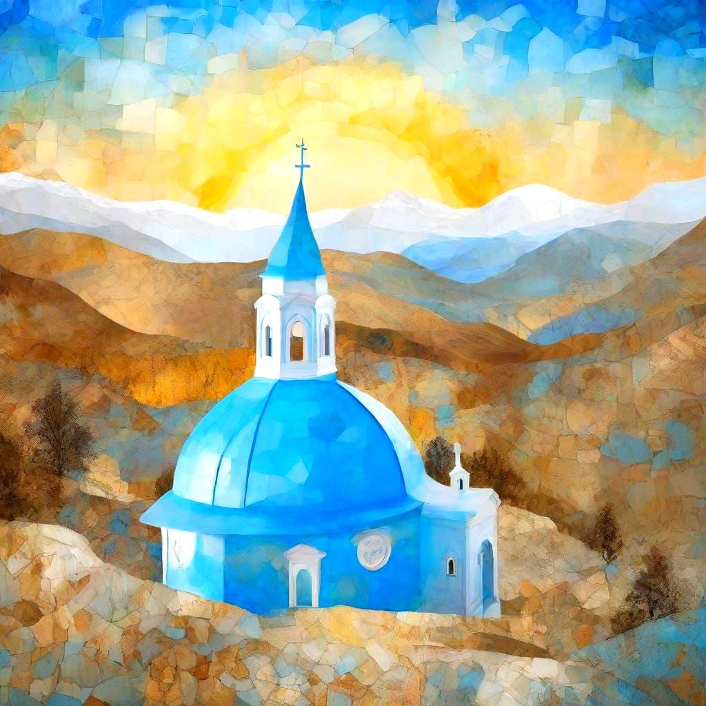 Whimsical Blue Dome Church at Sunset