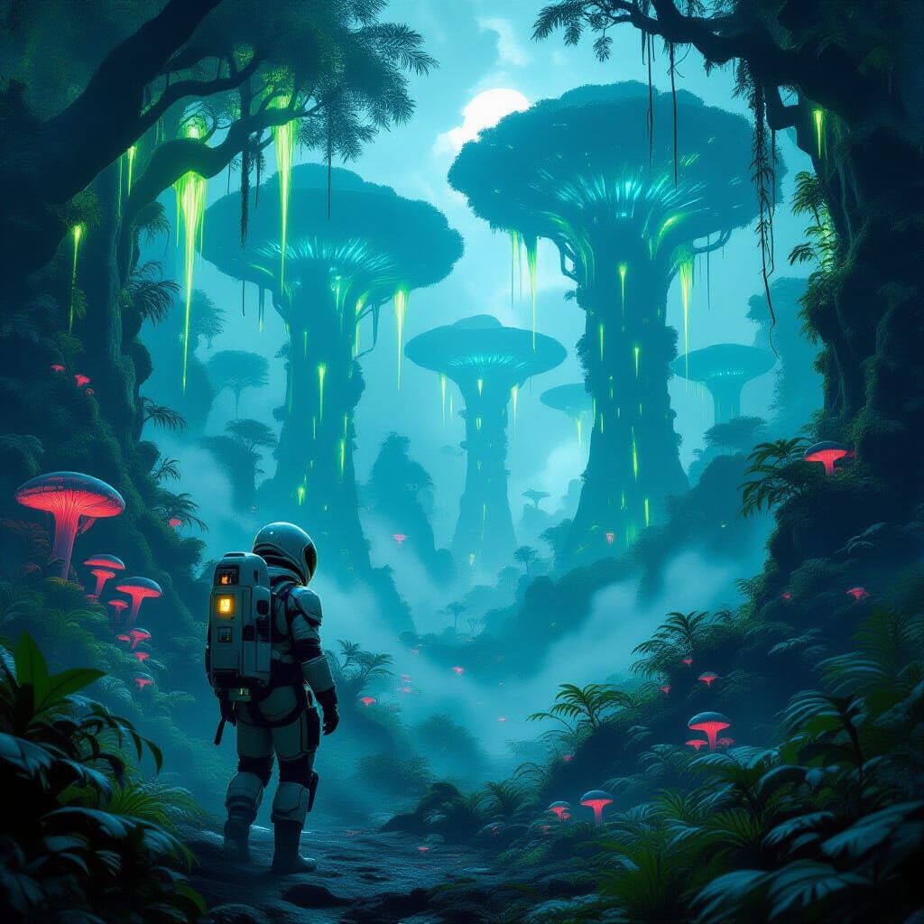 Explorer in Bioluminescent Jungle on Acheron III