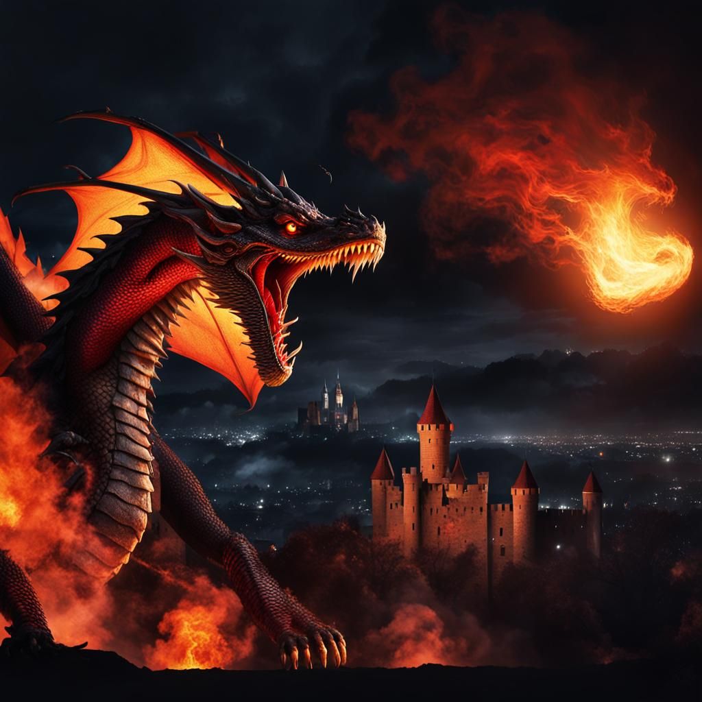 Red and Black Dragon Flying at Night