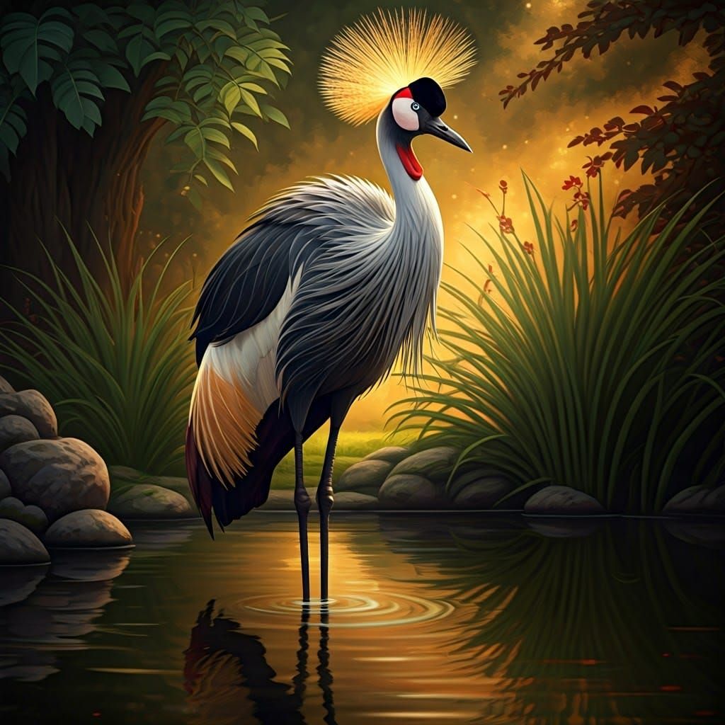 Elegant Crane with Art Nouveau Patterns in Digital Painting