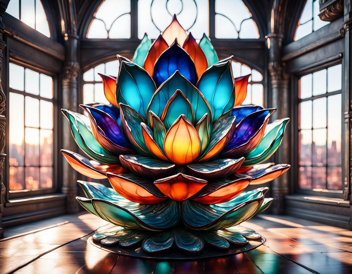 Boho Loft Bedroom with Lotus Glass Sculpture