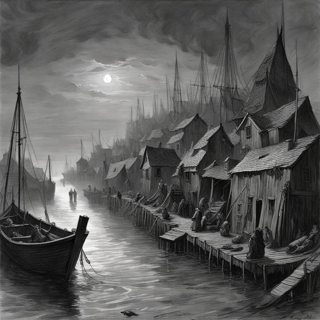 Horror Fishing Village Metropolis in Doré Style