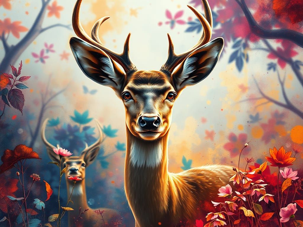 Ethereal Deer Portrait in Vibrant Watercolor Splash Art