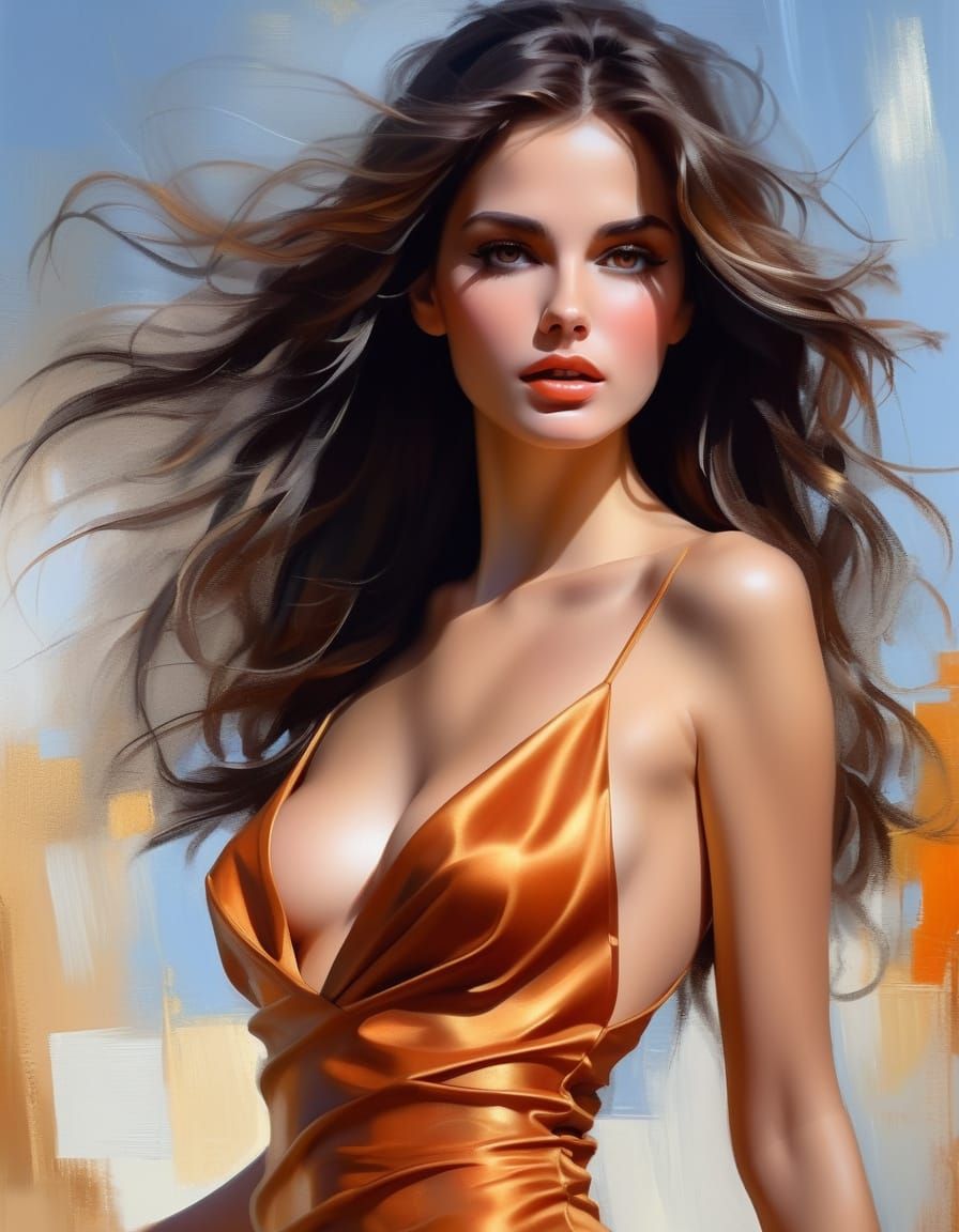 Elegant Woman in Burnt Orange and Gold Cocktail Dress