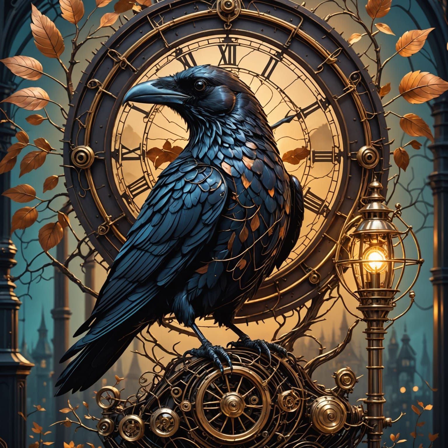 Steampunk Copper Raven in Mechanical Aviary