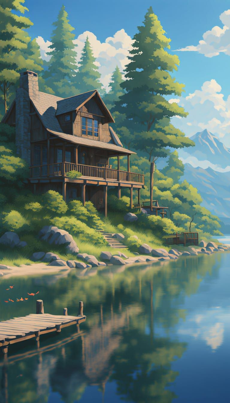 Serene Lakeside Cabin in a Vibrant, Anime-Inspired World
