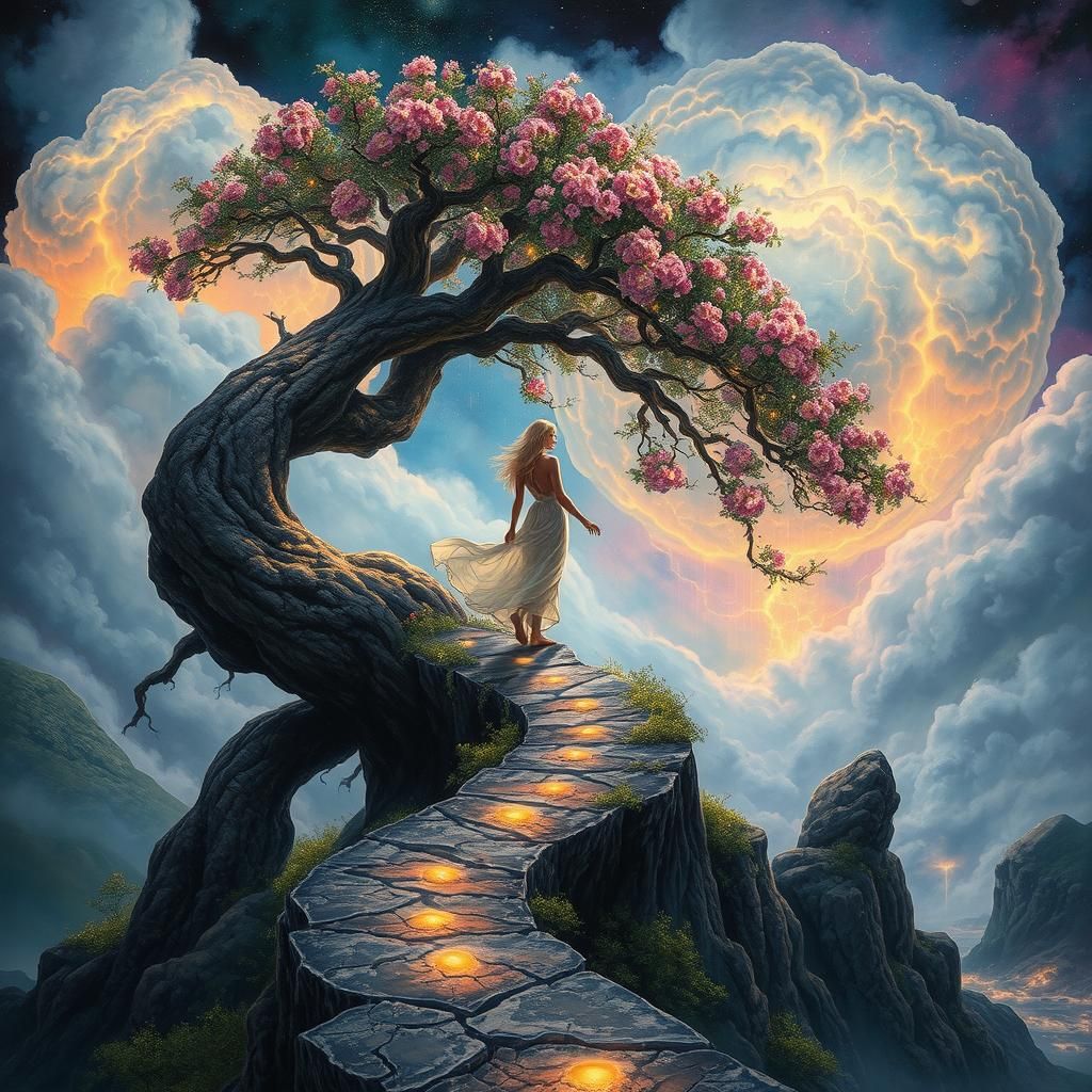 Ethereal Woman on Cosmic Tree Branch