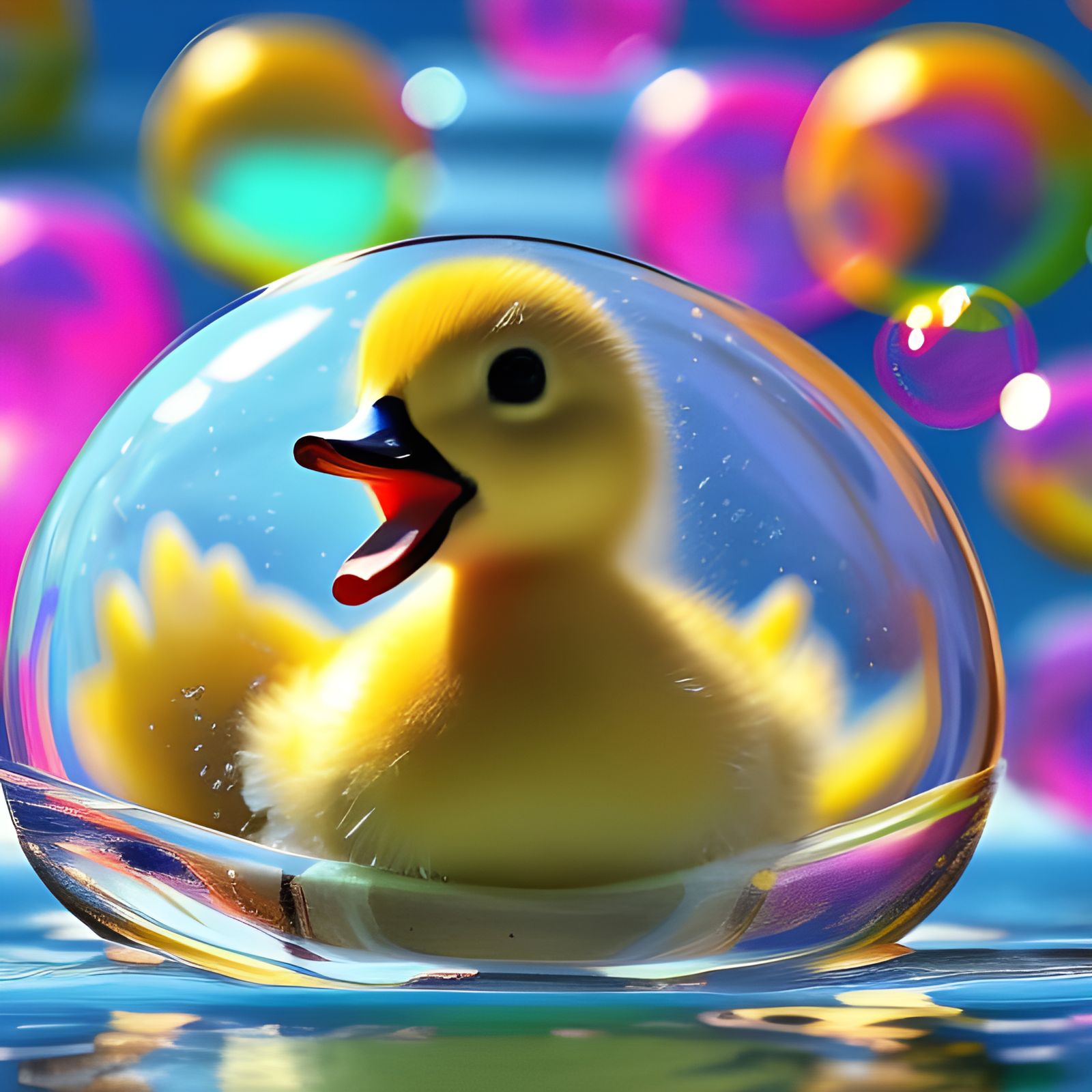 The cute duckling playing with big bubble