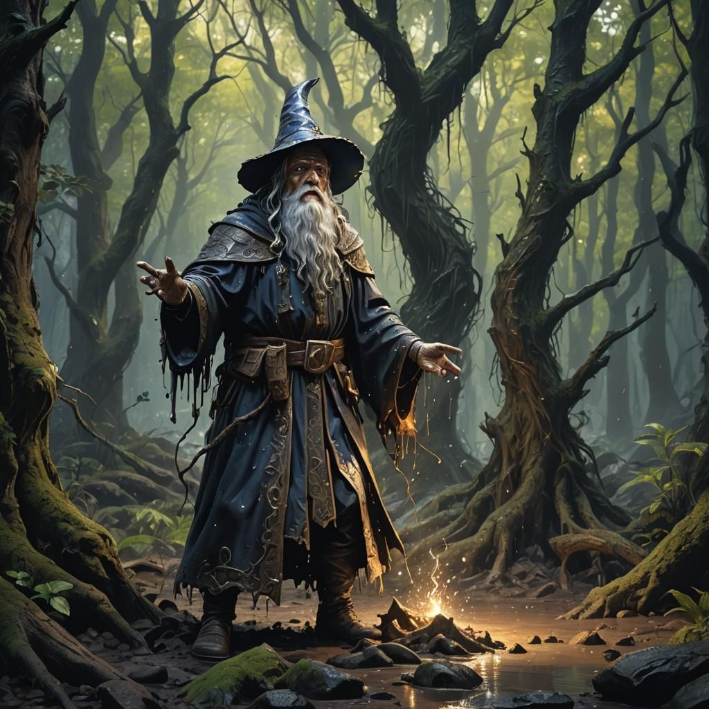 Wizard Conjuring Mud Golem in Dark Forest