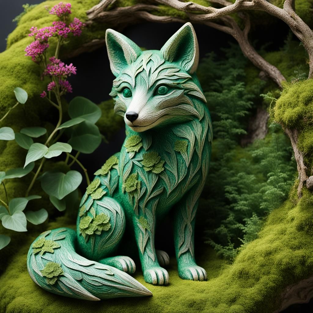 Moss-Covered Stone Fox with Emerald Eyes