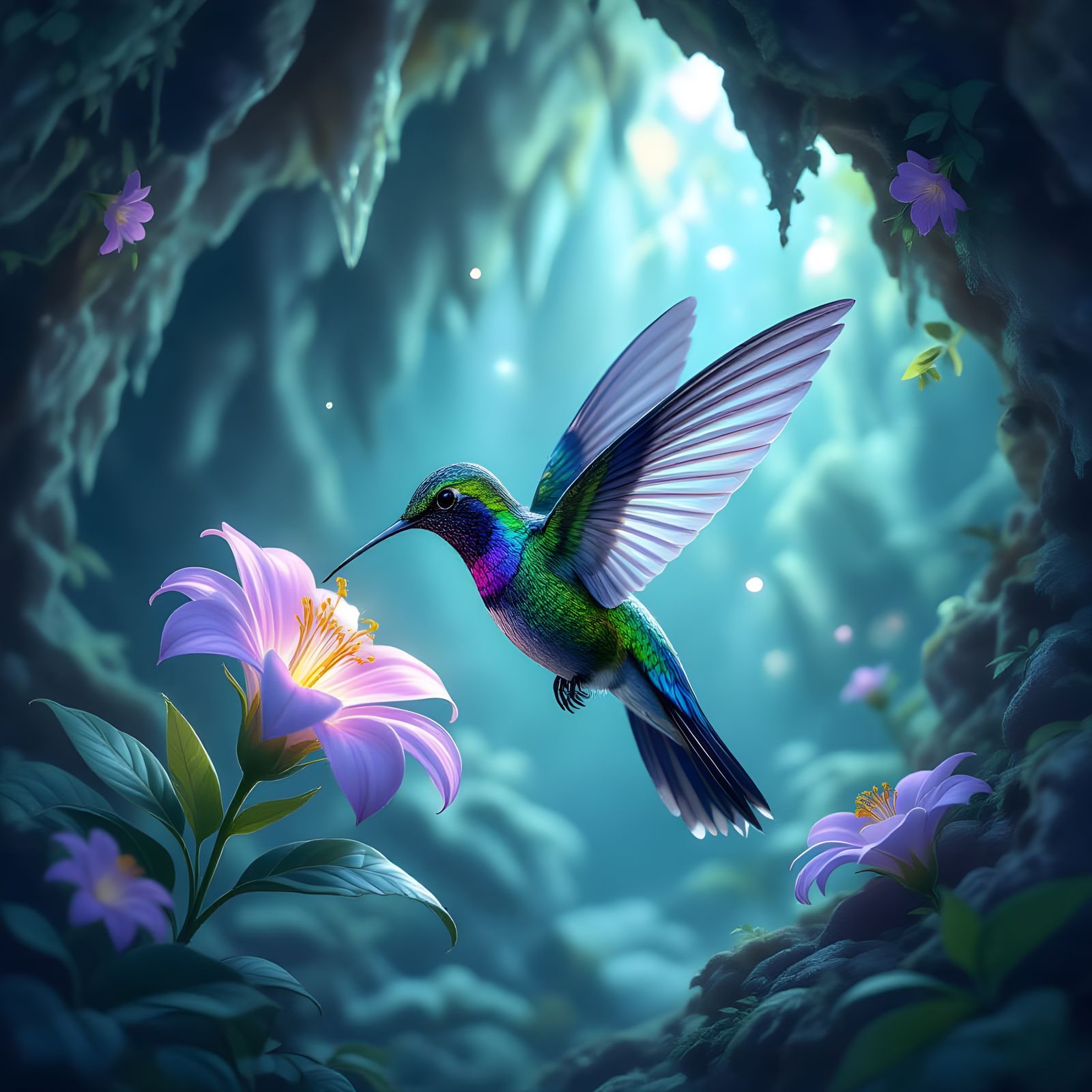 Bioluminescent Hummingbird in Crystal Cave, Art Nouveau Styl...