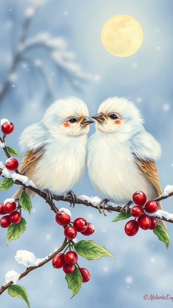 Whimsical Watercolor Lovebirds Under the Soft Moonlight