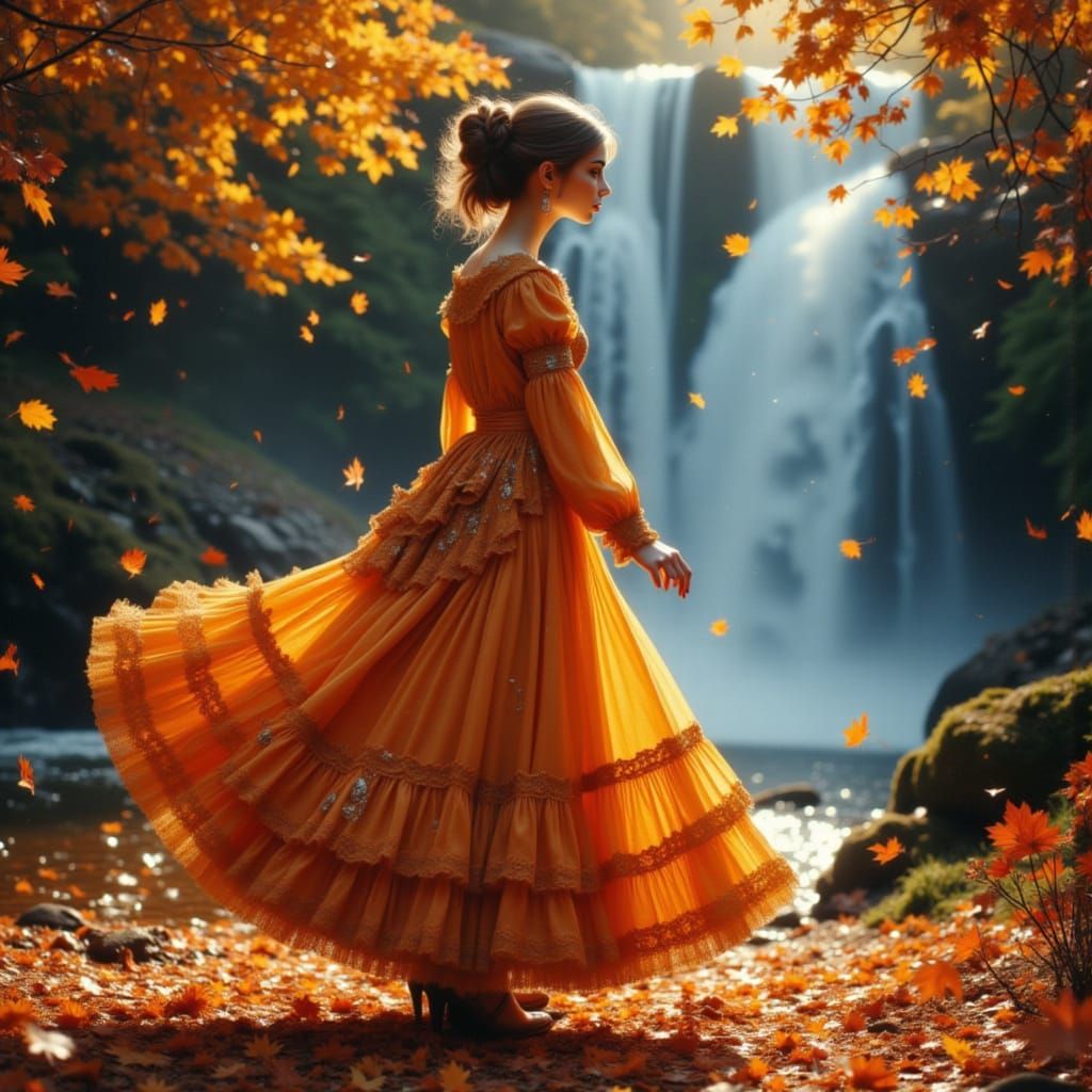 Victorian Woman Dancing in Autumn Leaves