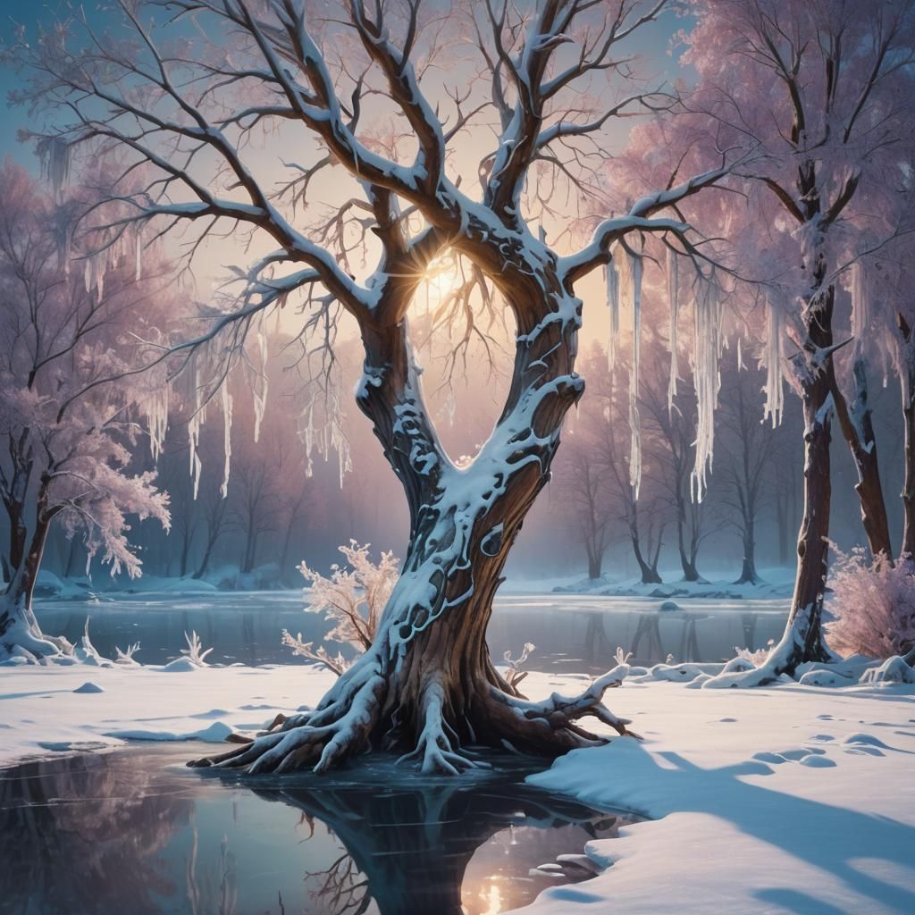 Translucent Tree on Frozen Lake in Hyperrealistic Style