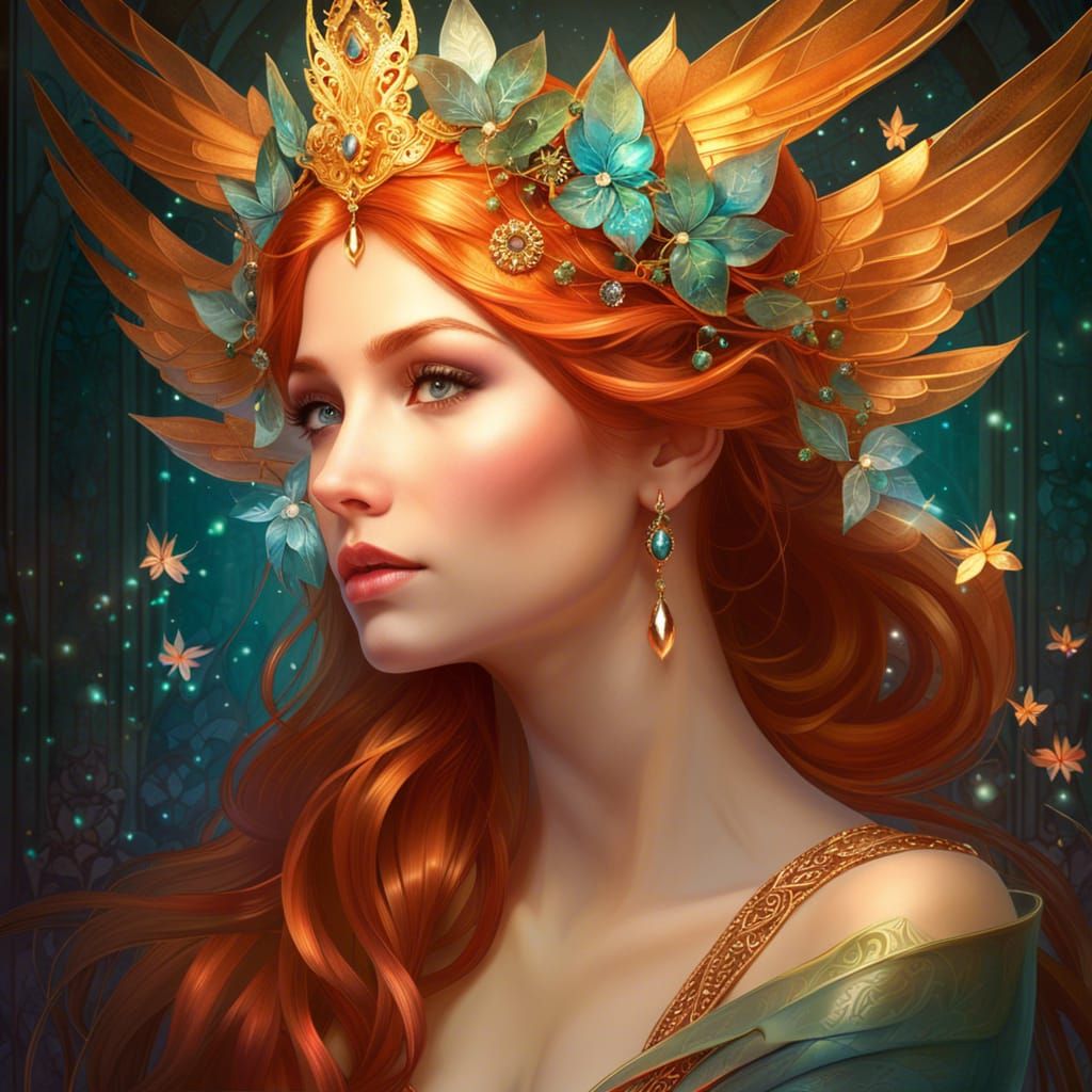 Fairy with Phoenix Wings in Ornate Oil Painting Style