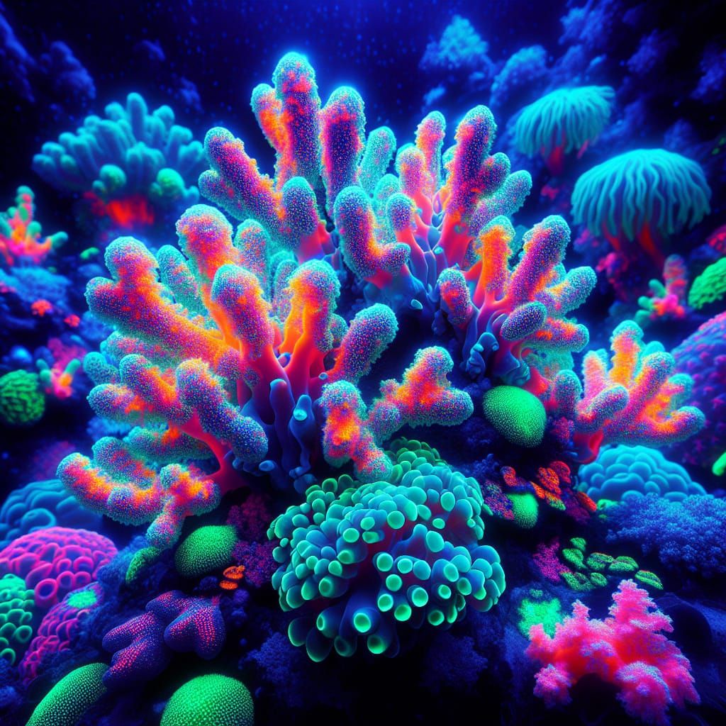 Fluorescent Coral Reef: A Neon Art Underwater Scene