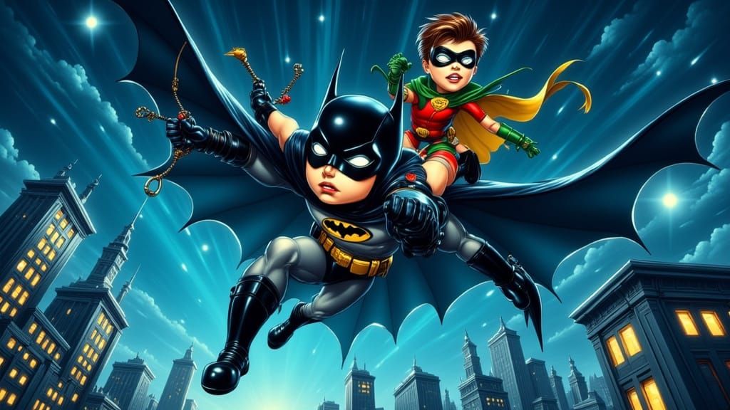 Batman and Robin soars through the night sky.