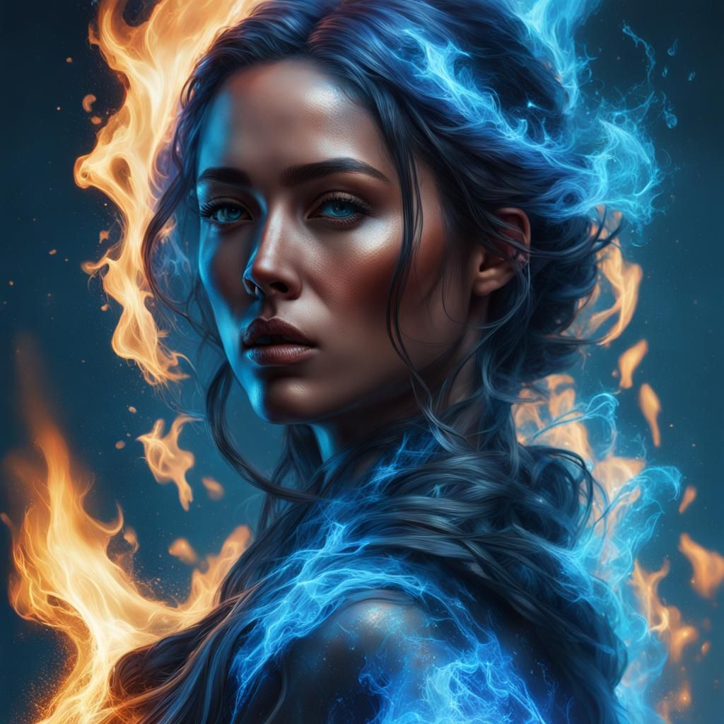 Hyperrealistic Girl Made of Blue Fire: Splash Art