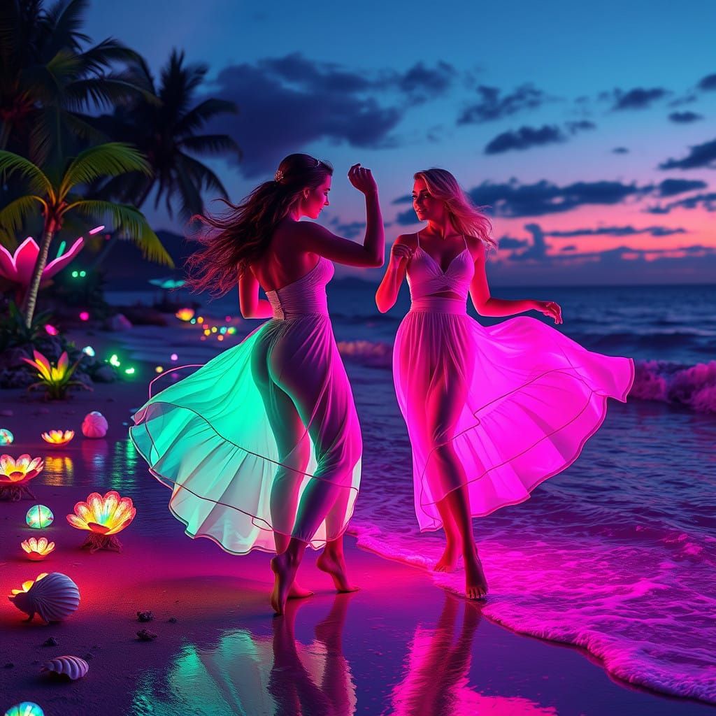 Cyberpunk Women Dancing in Neon Beachscape
