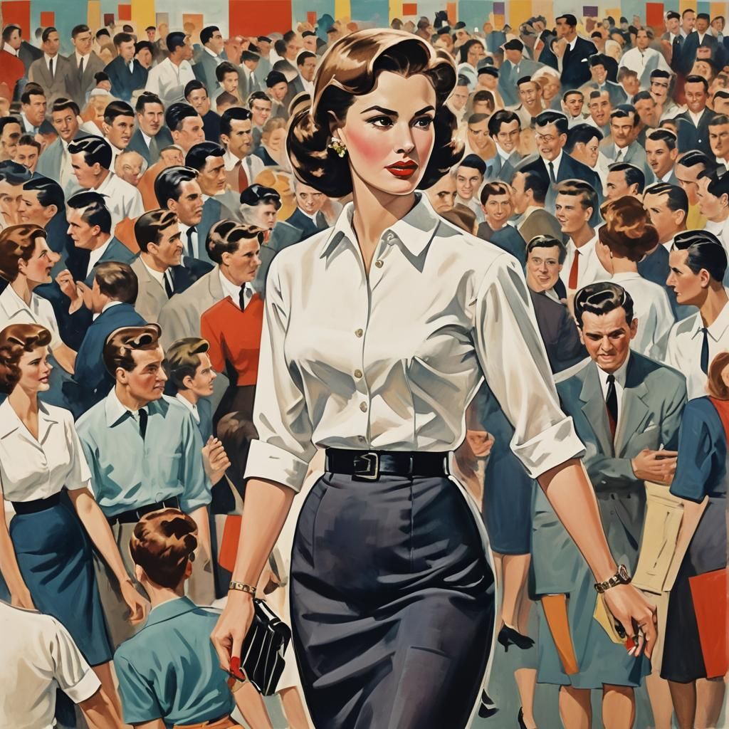Woman in 1950s Fashion Amidst Abstract Crowd