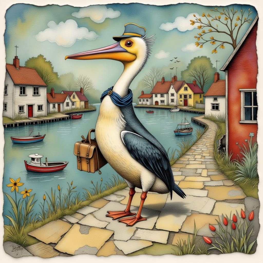 Percy the Postal Pelican, waddled around his English harbour village delivering the letters .