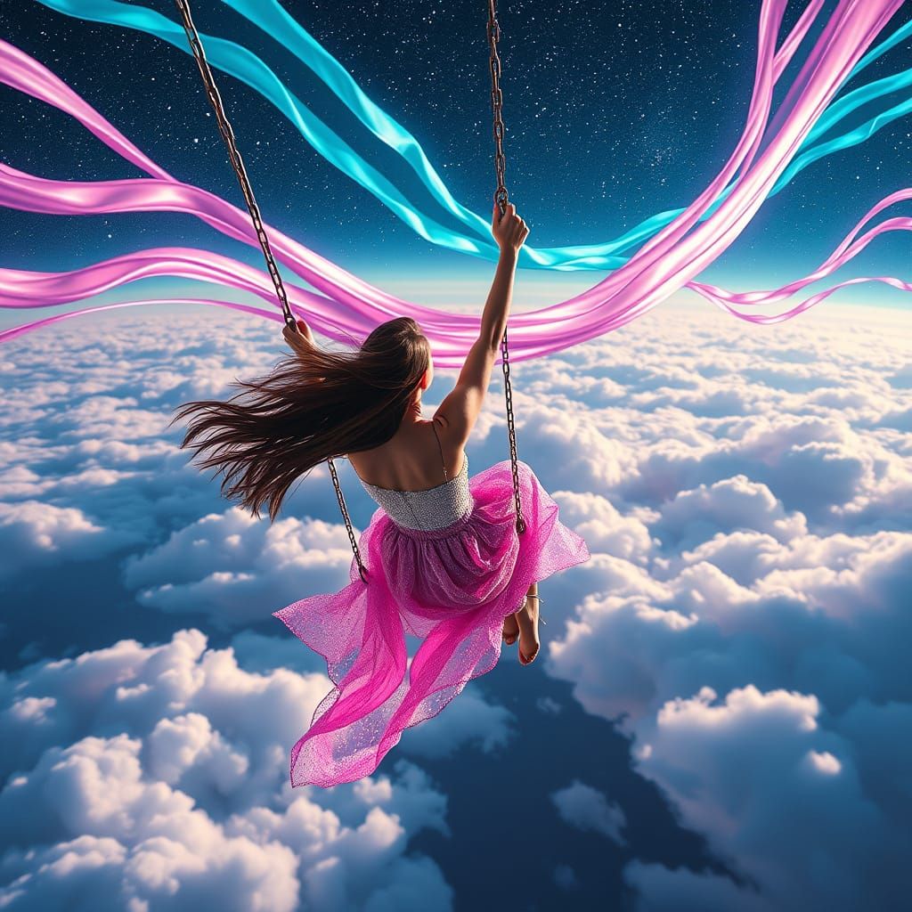 A woman swings high above the clouds on a glittering playground in space. Each swing arc sends waves of color through th...