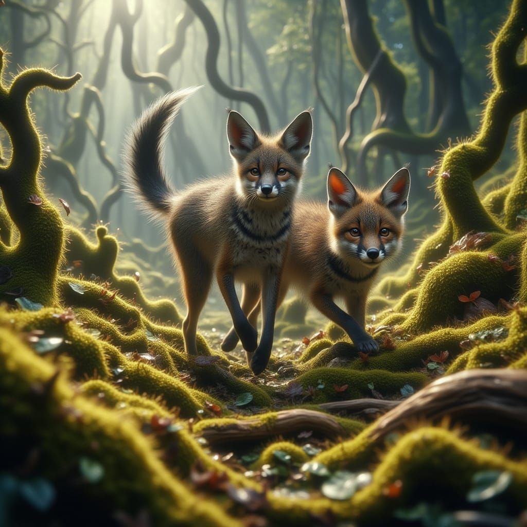 Fennec Fox Hunts Rabbit in Intricate Forest