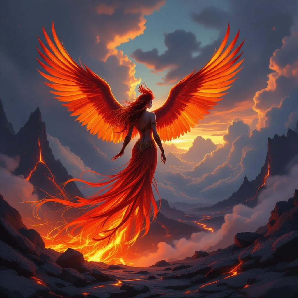 Phoenix Girl Rises From Volcanic Landscape in Fantasy Art St...
