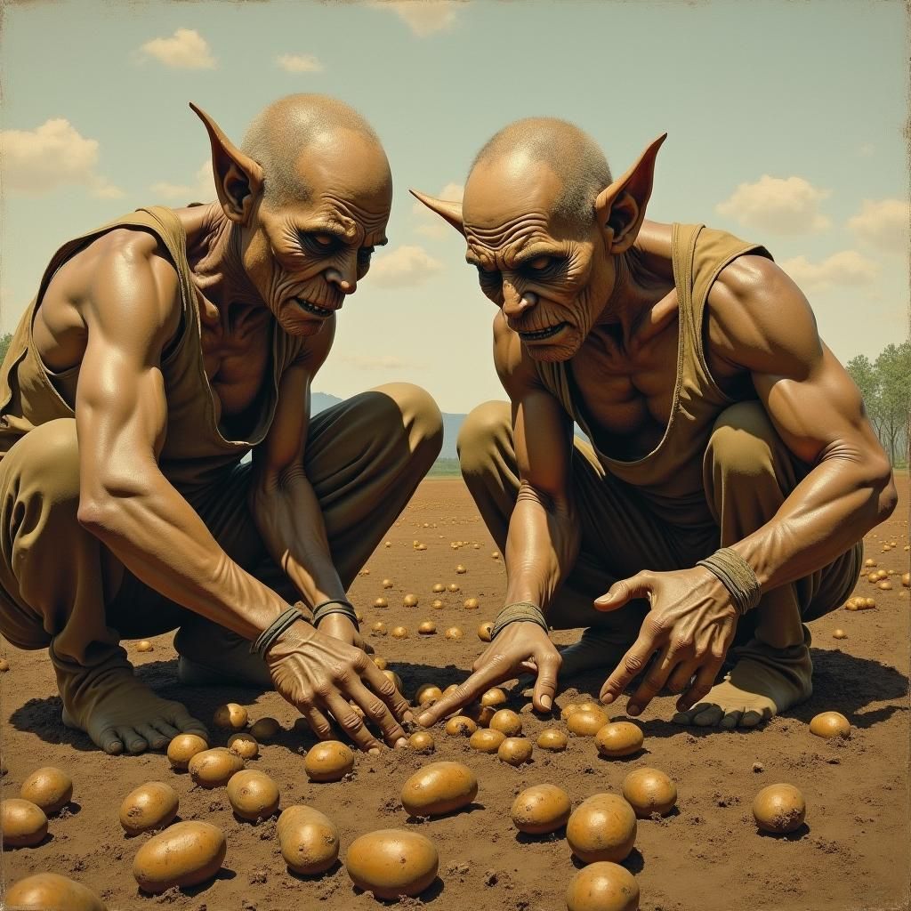 Goblin Laborers Planting Potatoes: A Realist Painting
