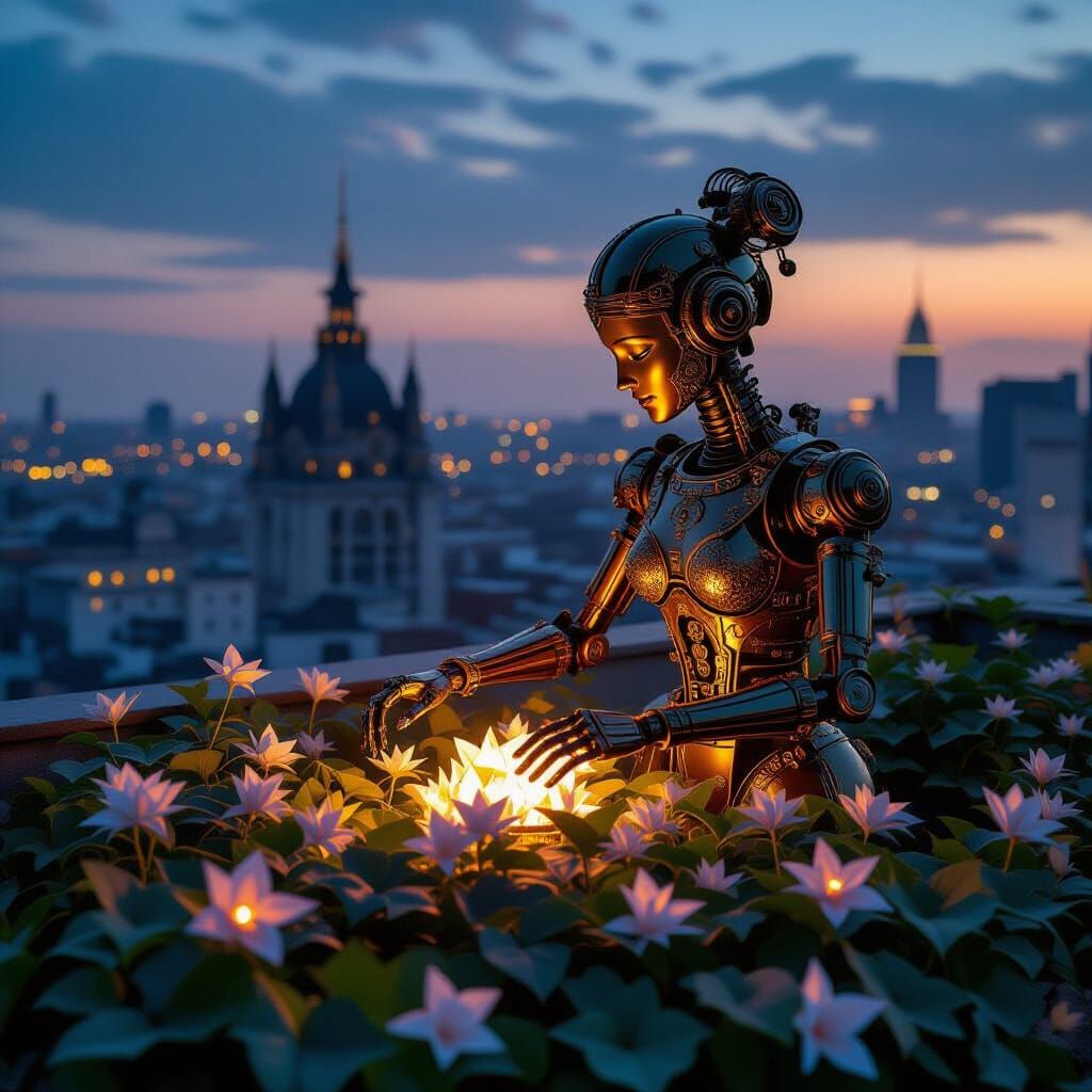 Ornate Brass Automaton Tends Bioluminescent Rooftop Garden