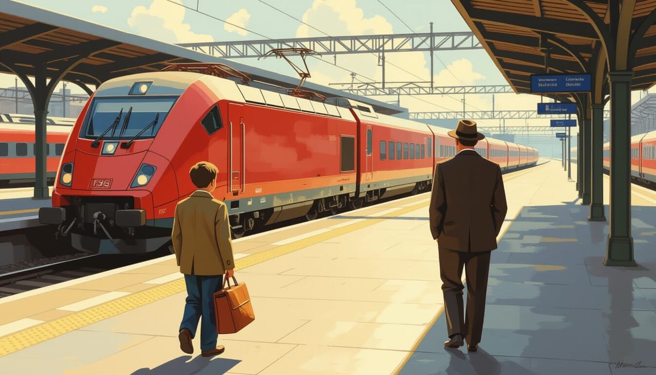 Father and Son Admire TGV in Hopper Style