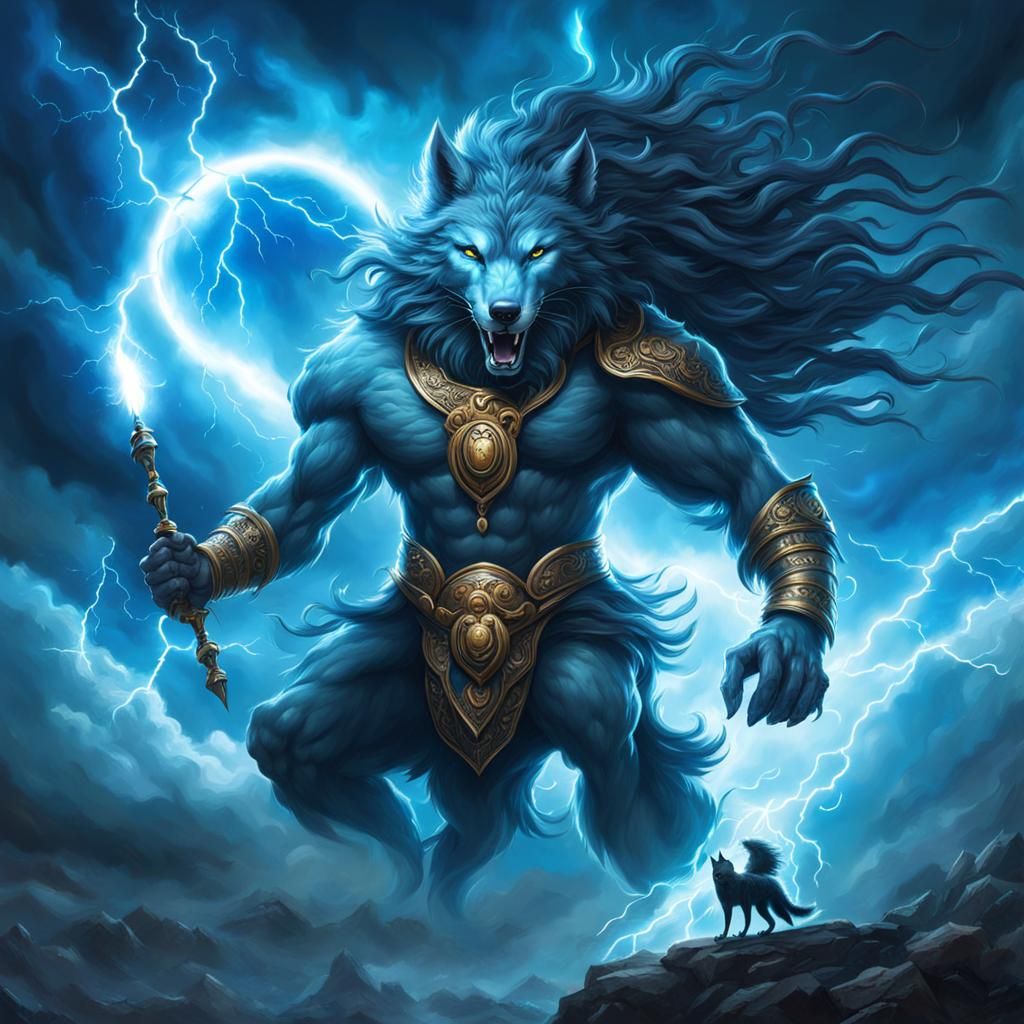 Electric Wolf-Headed Djinn in Fantasy Storm