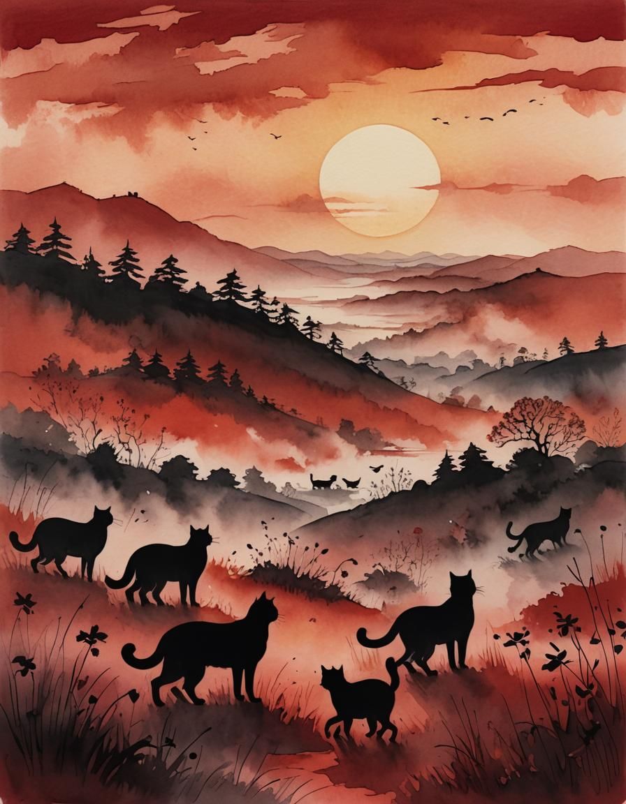 Black Cats Wander Beneath Red Sky: Ink Sketch
