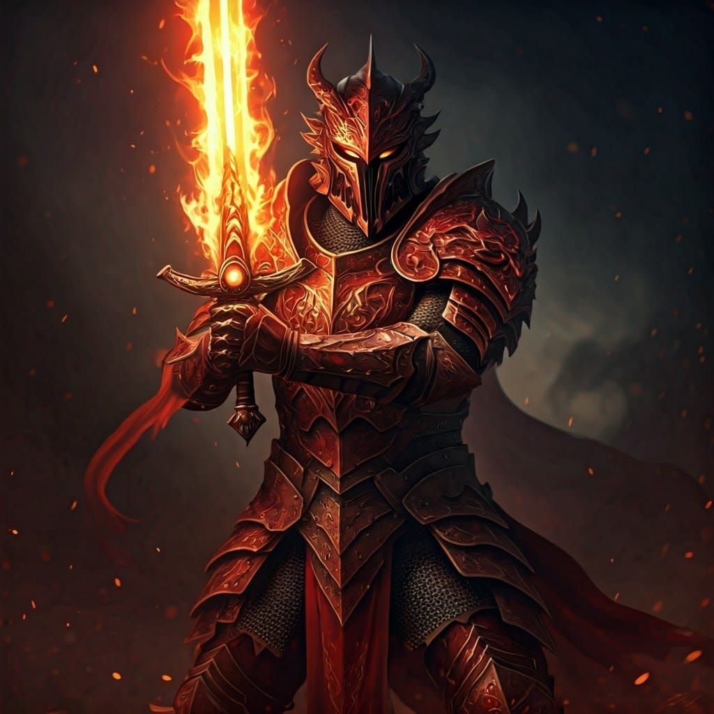 Warrior in Dragon Armor with Flaming Sword