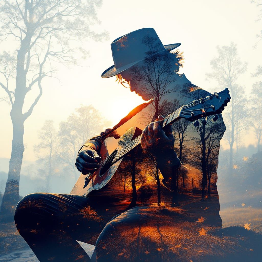Surreal Man Playing Guitar: Double Exposure Art