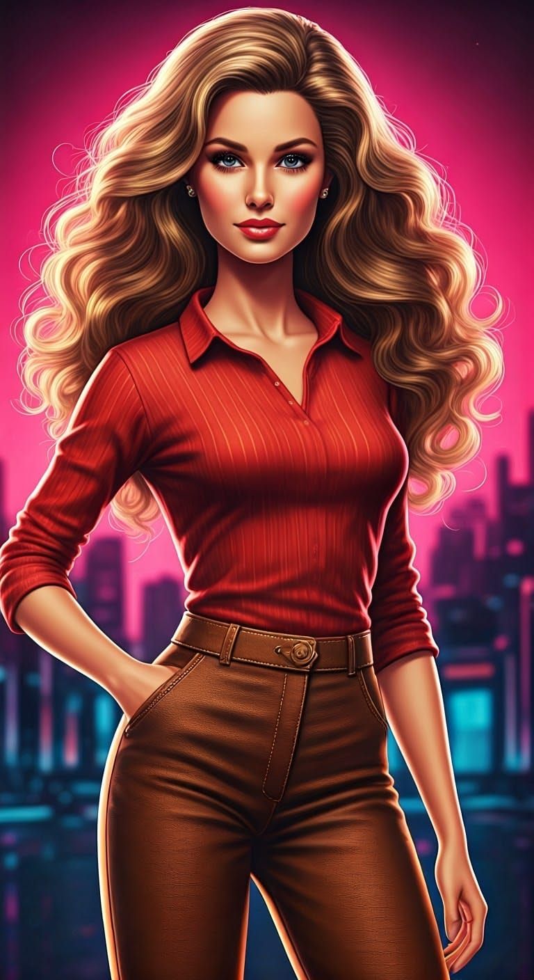 Cyberpunk Barbie in Red Shirts and Brown Pants