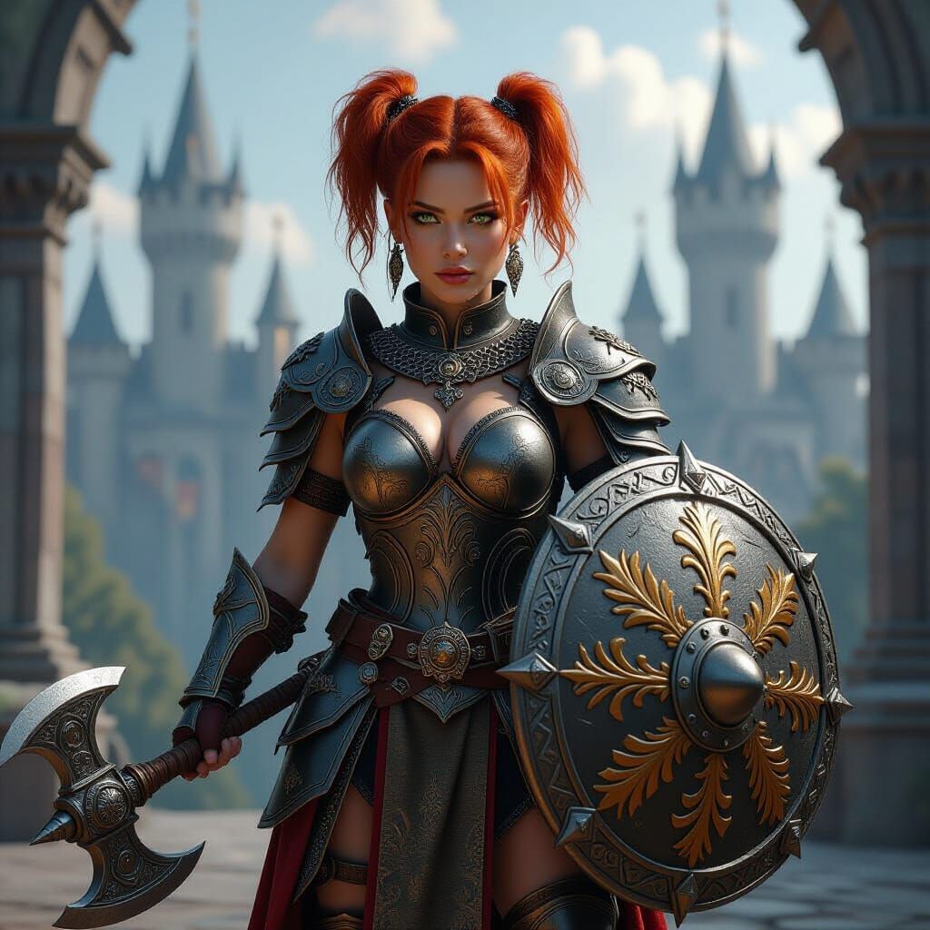 Female Dwarf Warrior in Detailed Fantasy Armor Holding Axe a...