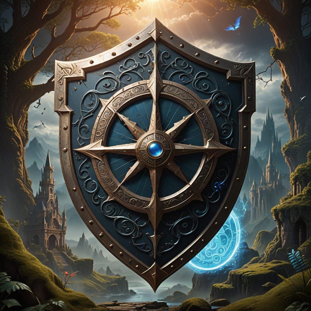 A fantasy shield glowing with magical symbols in a mystical setting
