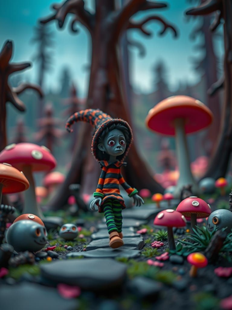 Whimsical Stop Motion Character in Surreal Landscape
