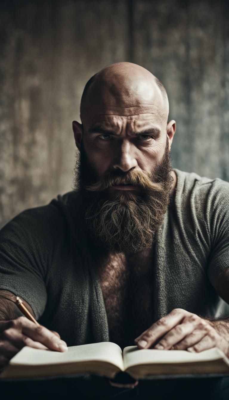 Slavic Man Opens Empty Journal: Cinematic Still