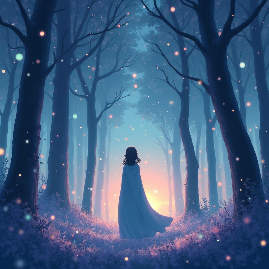 Bioluminescent Forest at Dusk in Anime Style