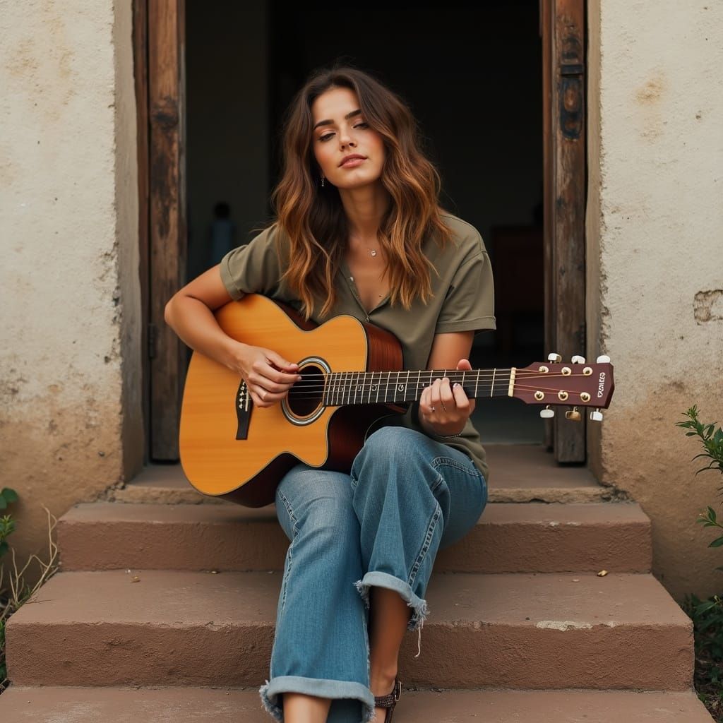 Woman Plays Guitar on Rural Mexican Church Steps
