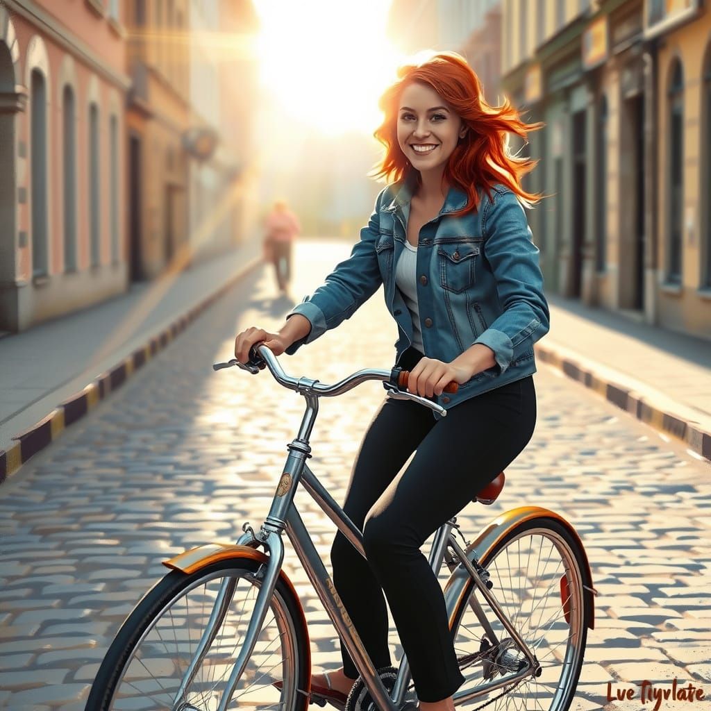 Red Haired Woman Cycles on Cobblestone Street