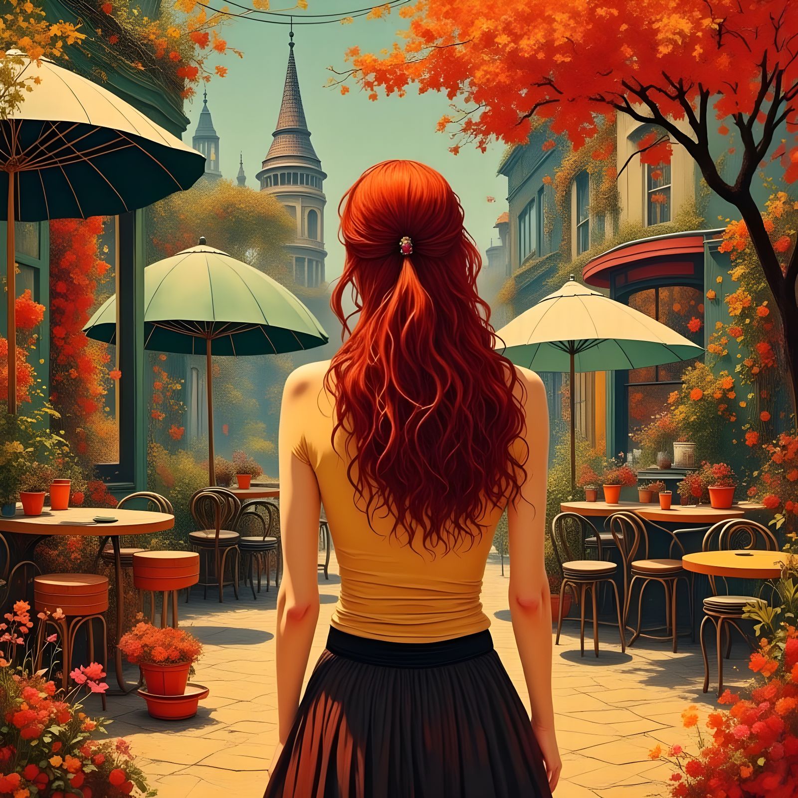 Pop Art Woman in Cafe with Geometric Elements