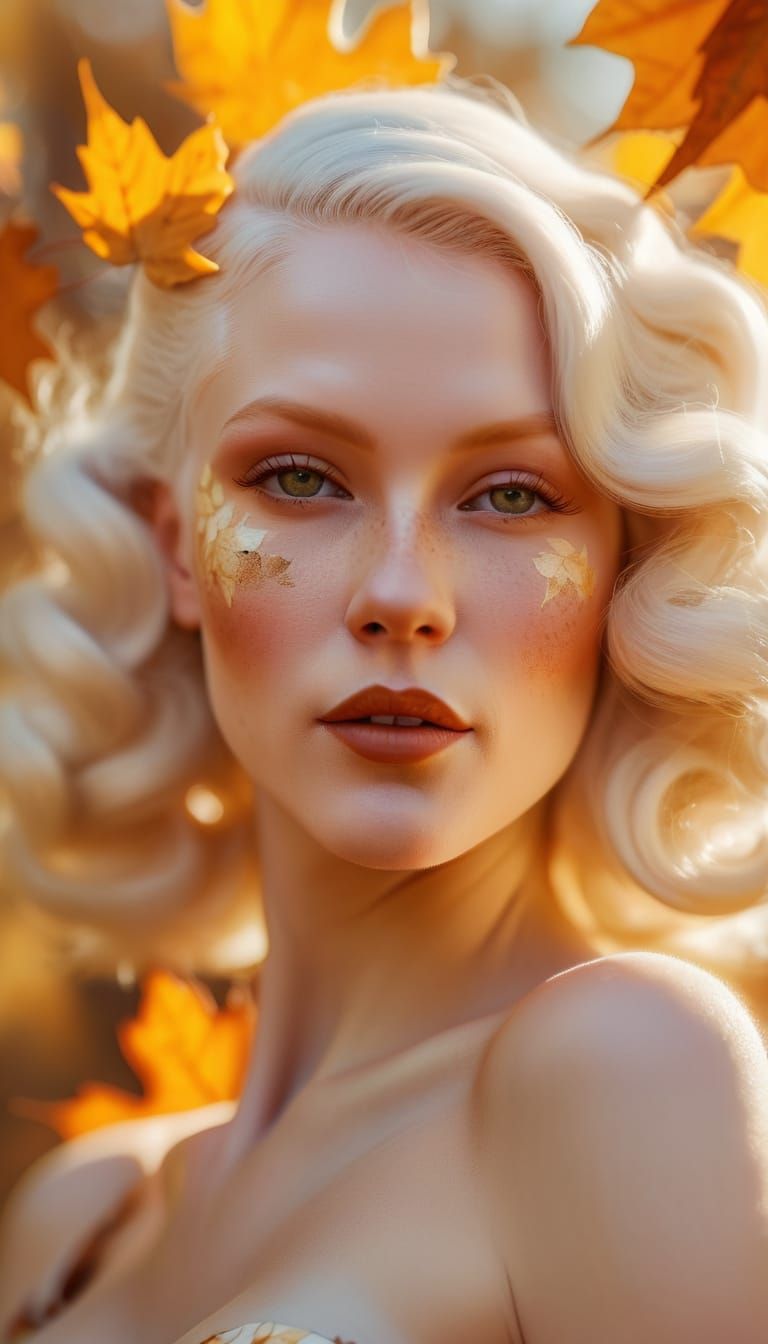 Autumn Pin-Up Art: Albino Woman in Vibrant Leaves