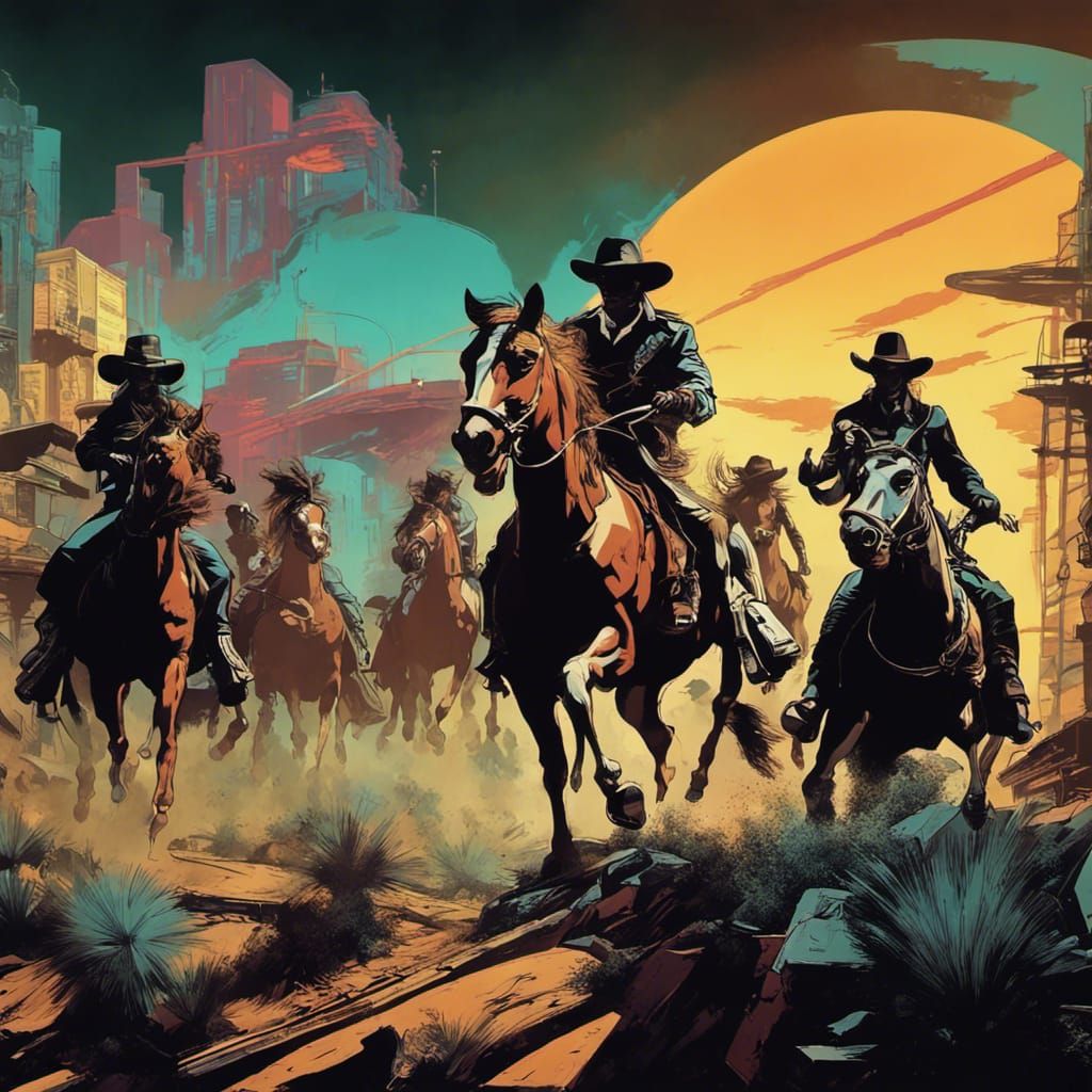 Retro Movie Poster: Cowboys vs Cyborgs in Neo-Futuristic Wes...